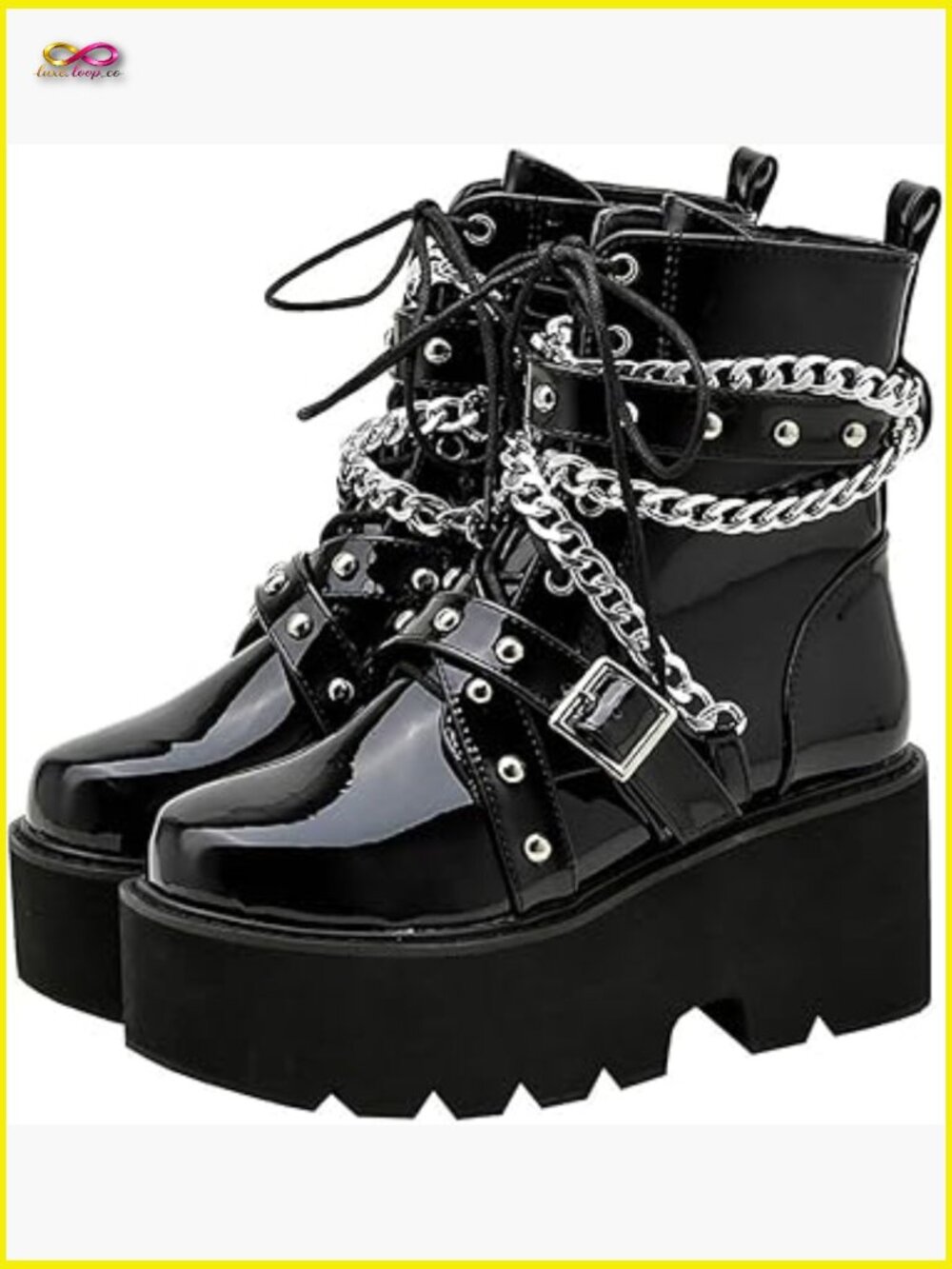 Patent Leather Chunky Heel Lace Up Combat Ankle Booties Punk Goth Platform Boots